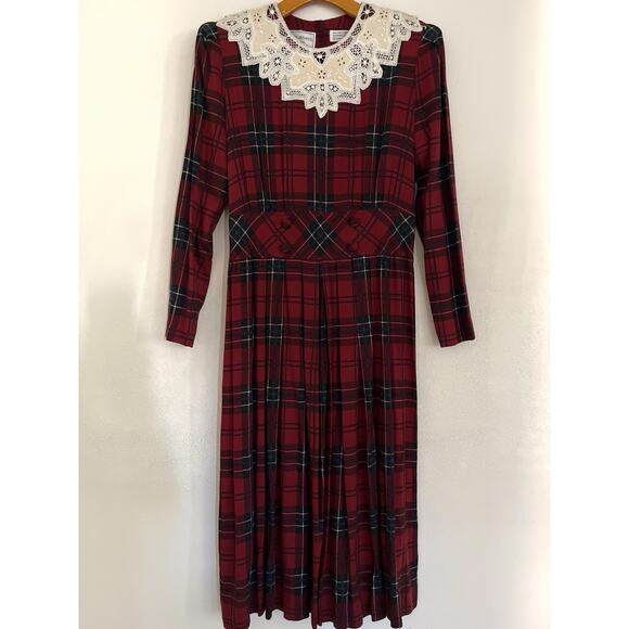 Karin Stevens VTG Dress S/M Petite Red Plaid Pleated Smocked Cottagecore - Picture 1 of 13